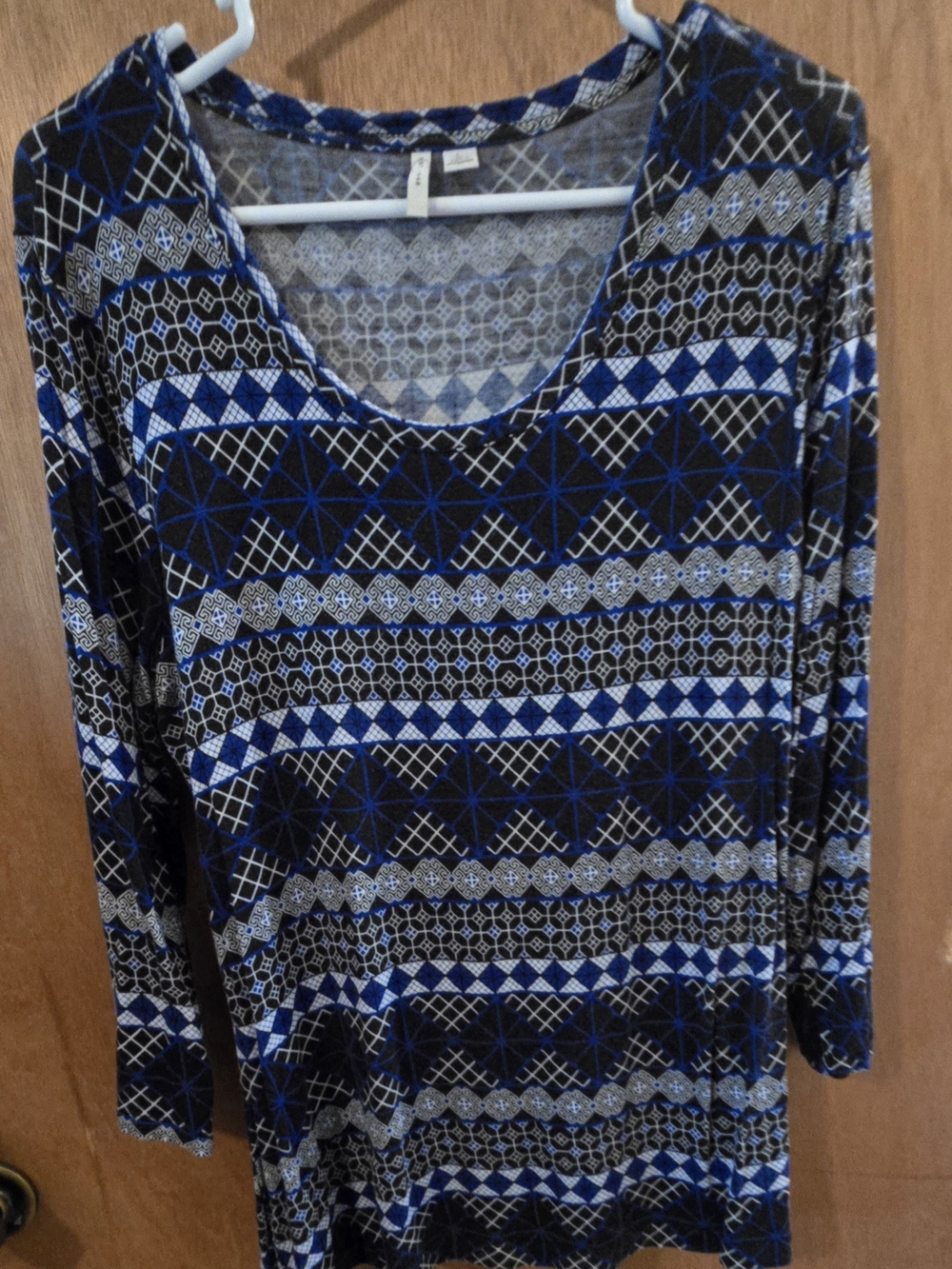 Women's Blue Geometric Scoop Neck Long Sleeve Top